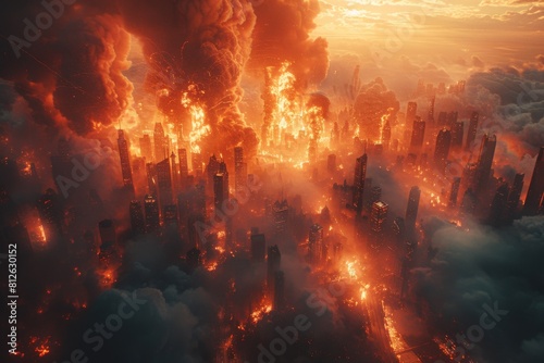 A dystopian cityscape shows a fiery horizon with the sky dominated by orange hues and clouds of smoke, portending a grim future