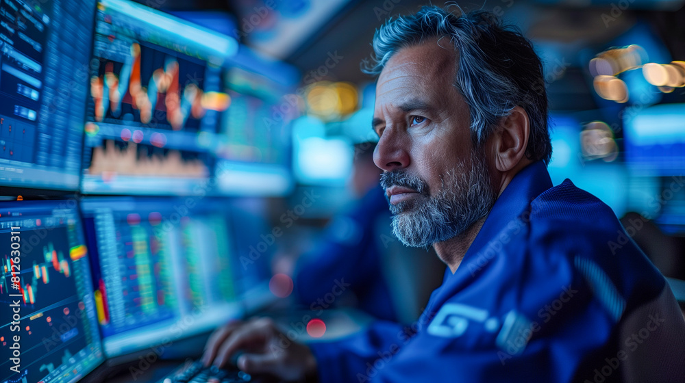 A stock market trader monitoring fluctuations on multiple screens. A stock market trader monitoring fluctuations on multiple screens.