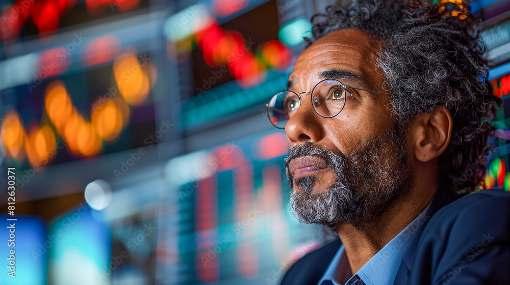 A stock market trader monitoring fluctuations on multiple screens. A stock market trader monitoring fluctuations on multiple screens.