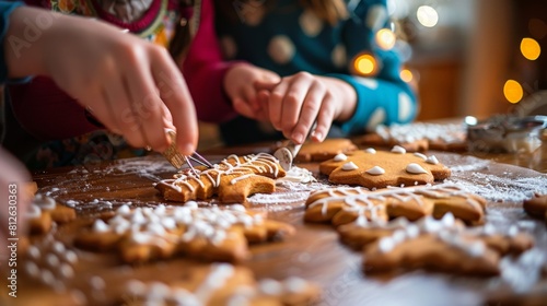 Two kids are decorating Christmas cookies with white icing.