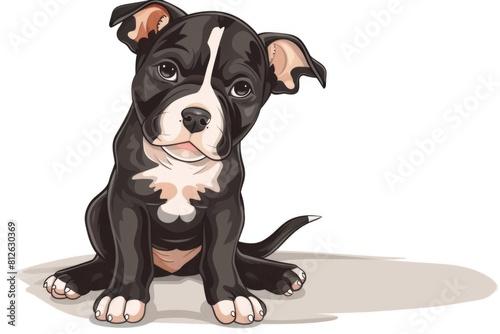 A black and white dog sitting calmly on the ground. Suitable for pet care or animal-related designs
