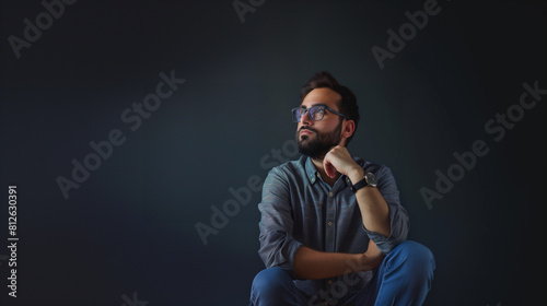 elegant young man thinking or curious something big blank place for your text or design for banner or ad social media post