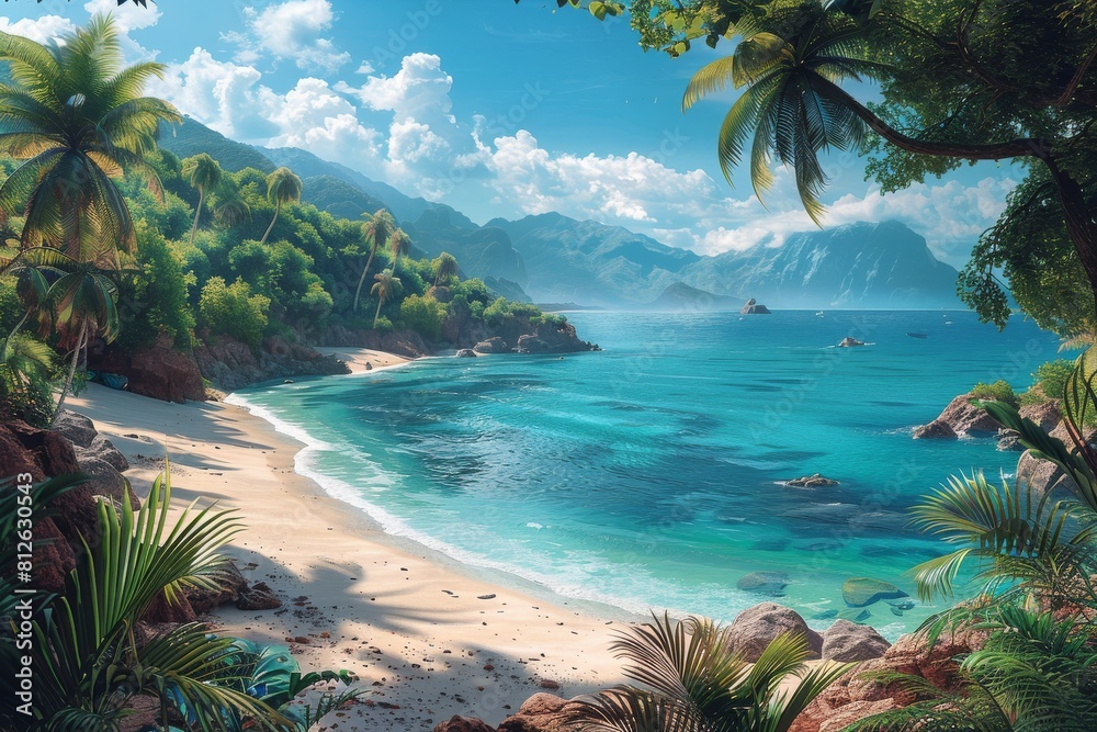This image showcases a tropical paradise with sandy beaches and rocky cliffs surrounded by lush vegetation