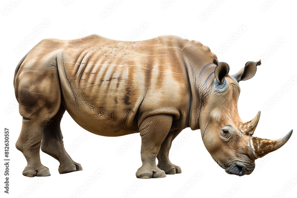 A powerful rhinoceros standing on a clean white surface. Suitable for various projects A powerful rhinoceros standing on a clean white surface. Suitable for various projects