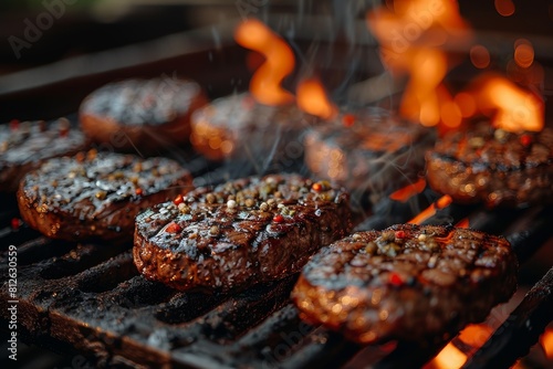 Close-up of succulent beef steaks with spices cooking over hot grates with flames photo