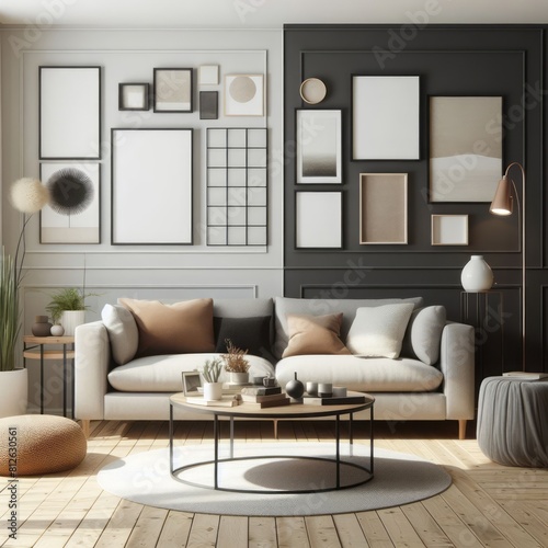 A living room with a template mockup poster empty white and with a couch and coffee table image used for printingcard design. photo