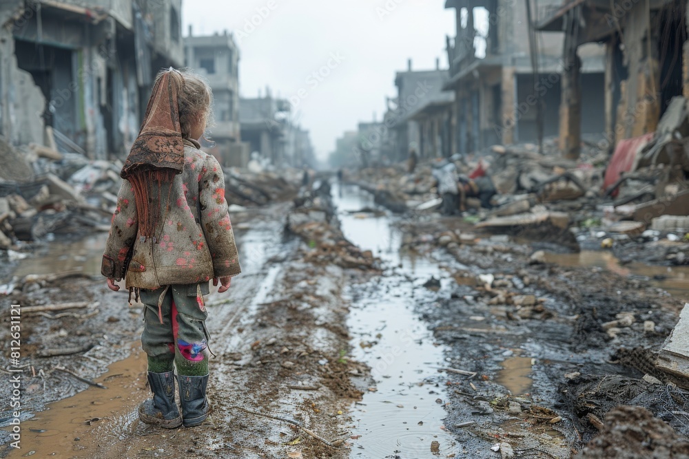 A young child stands in a ruinous, war-damaged street reflecting sorrow, lost innocence, and war aftermath A young child stands in a ruinous, war-damaged street reflecting sorrow, lost innocence, and war aftermath