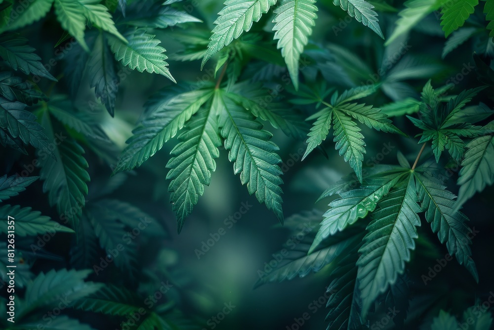 Detailed closeup emphasizing the deep green hues and textures of cannabis leaves