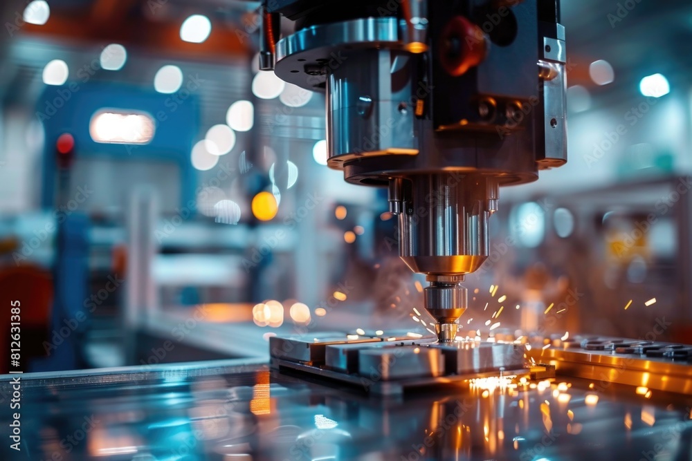 A machine cutting metal with sparks, suitable for industrial use A machine cutting metal with sparks, suitable for industrial use