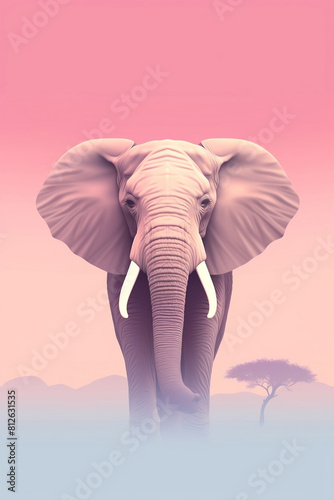 Elephant facing forward in the savannah on a pink background