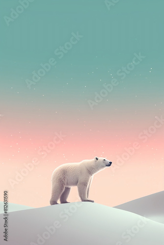 Polar bear on a snow mound gazes at the horizon at dawn