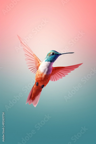 Blue-headed red hummingbird spreads its wings on a red and blue gradient background