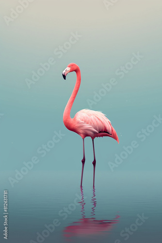 Pink flamingo in the foreground poses standing in the lagoon