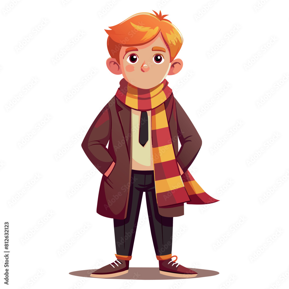 A cartoon wizard boy wearing a scarf and tie stands in front of a white background. He looks serious and focused