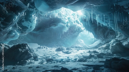 Ice Rock Cave. Natural Underground Landscape in Dark Cavern Background