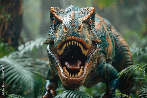 Detailed face of a Tyrannosaurus Rex with an open mouth roaring  surrounded by a foggy forest highlighting its dominance