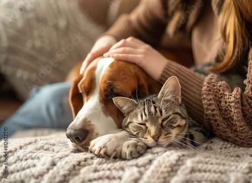 A woman petting her dog and cat while sitting on the sofa at home, focusing on hands touching the head of a basset hound dog and a grey tabby short hair housecat with brown ears