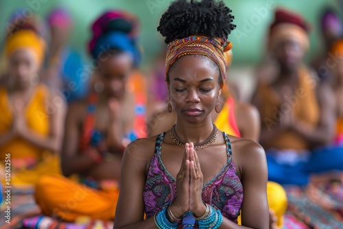 A serene woman meditates with eyes closed among a group of people in vibrant African clothing © Larisa AI
