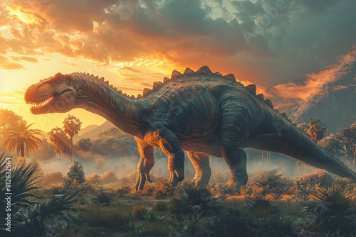 An imposing dinosaur stands tall against a stunning backdrop of a prehistoric landscape bathed in the light of sunset