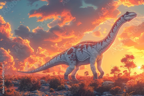 A peaceful scene depicting a large, long-necked dinosaur strolling through a desert landscape during a colorful sunset