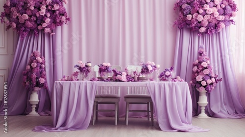 Invigorating and uplifting purple wedding stage backgrounds with cakes