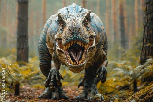 The digital image captures a menacing Allosaurus facing the viewer in a natural prehistoric forest setting, possibly hunting © Larisa AI