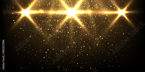 Stage lights with golden glitter vector realistic illustration. Abstract gold spotlights with rays on dark background. Bright flashes and sparkles