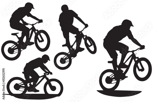 silhouette cyclists bicycle jumping riders on white background