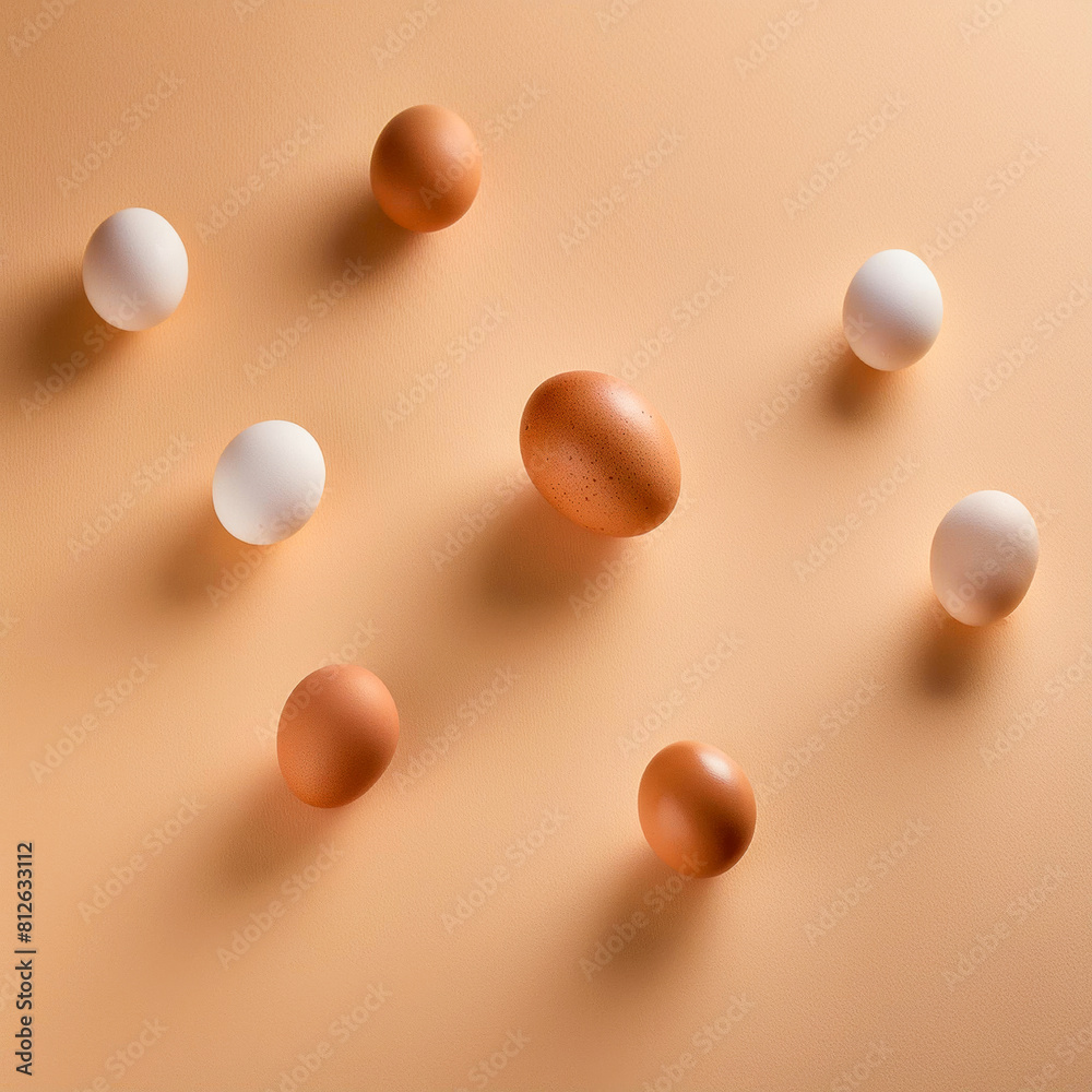 Four white and four brown eggs lying down on light orange background. One large egg and seven small eggs. Concept of equality, leadership, source of protein, healthy food.	