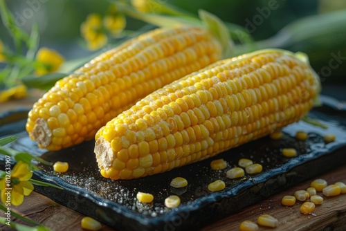 Succulent yellow grilled corn on the cob with steam and kernels on a dark textured slate surface
