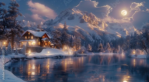 Snowy night scene with moonlight, cozy house by the river in front of snowy mountains, high resolution, high detail, hyper realistic