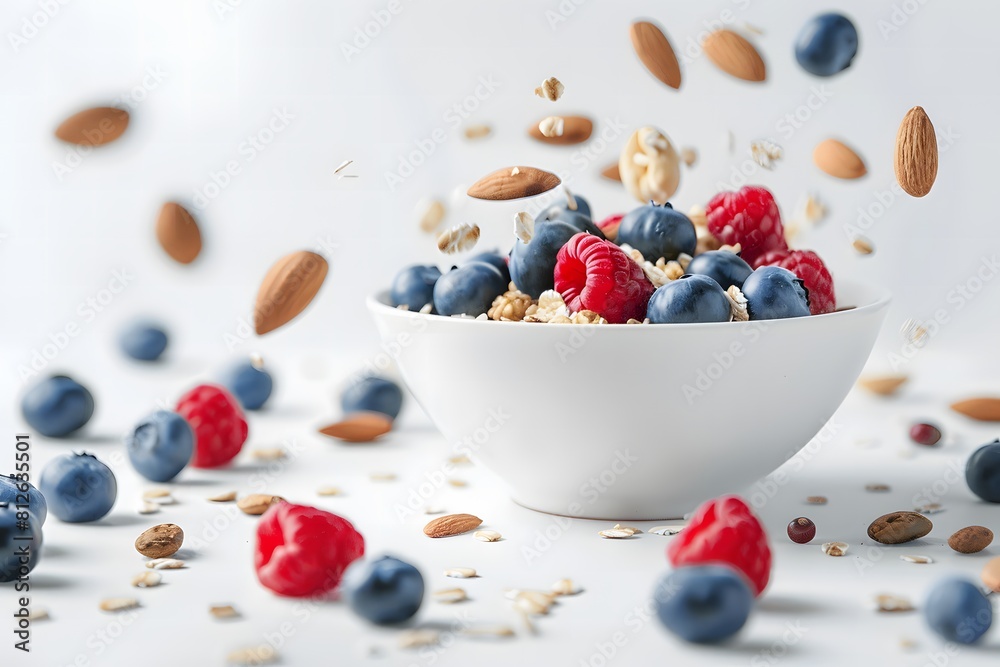 Nuts, berries fruit and oatmeal in a white bowl and flying around the bowl on the white table. Nuts, berries fruit and oatmeal in a white bowl and flying around the bowl on the white table.