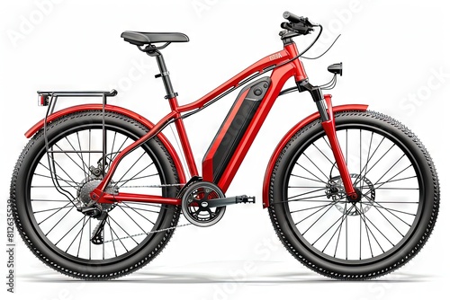 Red modern mid drive motor city touring or trekking e bike pedelec with electric engine middle mount. battery powered ebike on white background photo