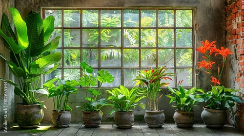   A group of potted plants sits in front of a window in a room with a brick wall and wooden floor