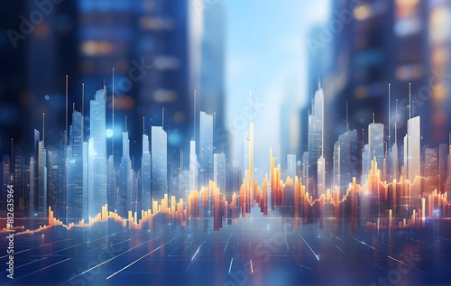 A cityscape with a lot of tall buildings showing stock market chart overly, Trading graphs and business chart © Design_Stock