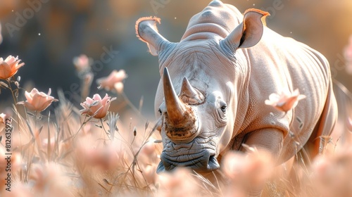 A rhino is walking through a field of flowers and grass  AI