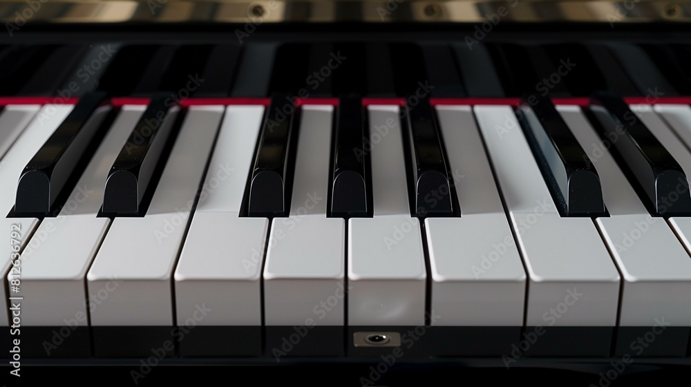 Piano keys from low angle focus on black keys Piano keys from low angle focus on black keys