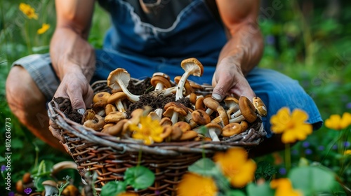 Man holding basket full of mushrooms found while foraging in urban area photo