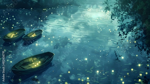 Glowing Boats on a Moonlit Lake with Fireflies Twinkling in the Serene Nightscape