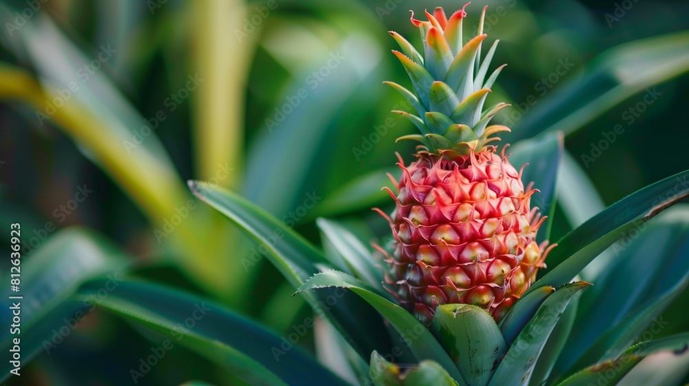 pineapple growing on plant blurred background pineapple growing on plant blurred background