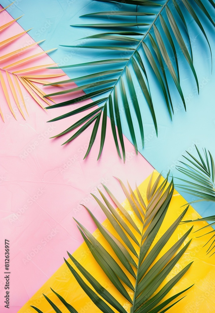 A vibrant and tropical display with palm leaves on a fusion of pink and yellow pastel textured background