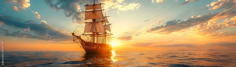 Majestic Sailing Ship on the High Seas at Mesmerizing Sunset with Dramatic Cloudscape
