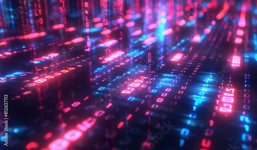 Digital landscape of binary code streaming with a depth of field effect, representing data, technology, and information flow