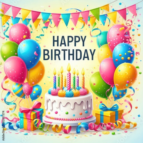birthday cards cake with balloons and confetti art art photo used for printing illustrator.