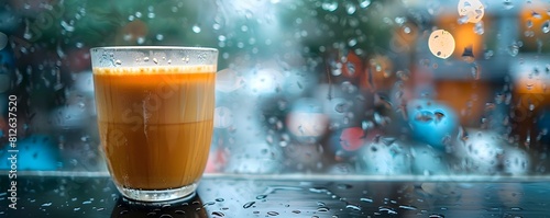 Steamy Latte Enjoyed Amidst Rainy Day Cafe Window Reflections