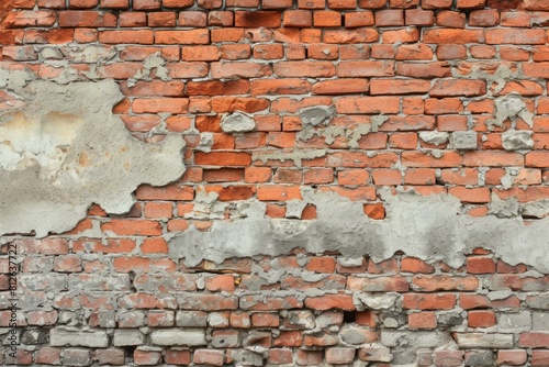 Weathered and distressed red brick wall with peeling off white plaster  suitable for backgrounds