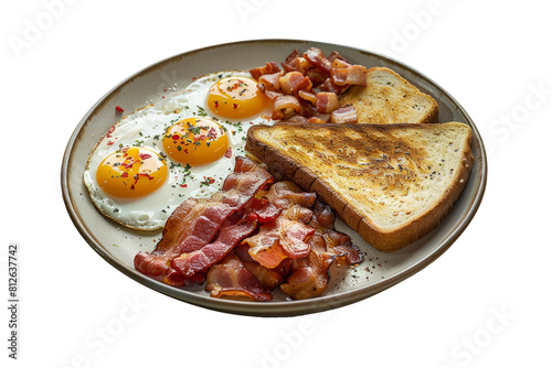 plate filled with a hearty morning breakfast, including eggs, bacon, and toast.