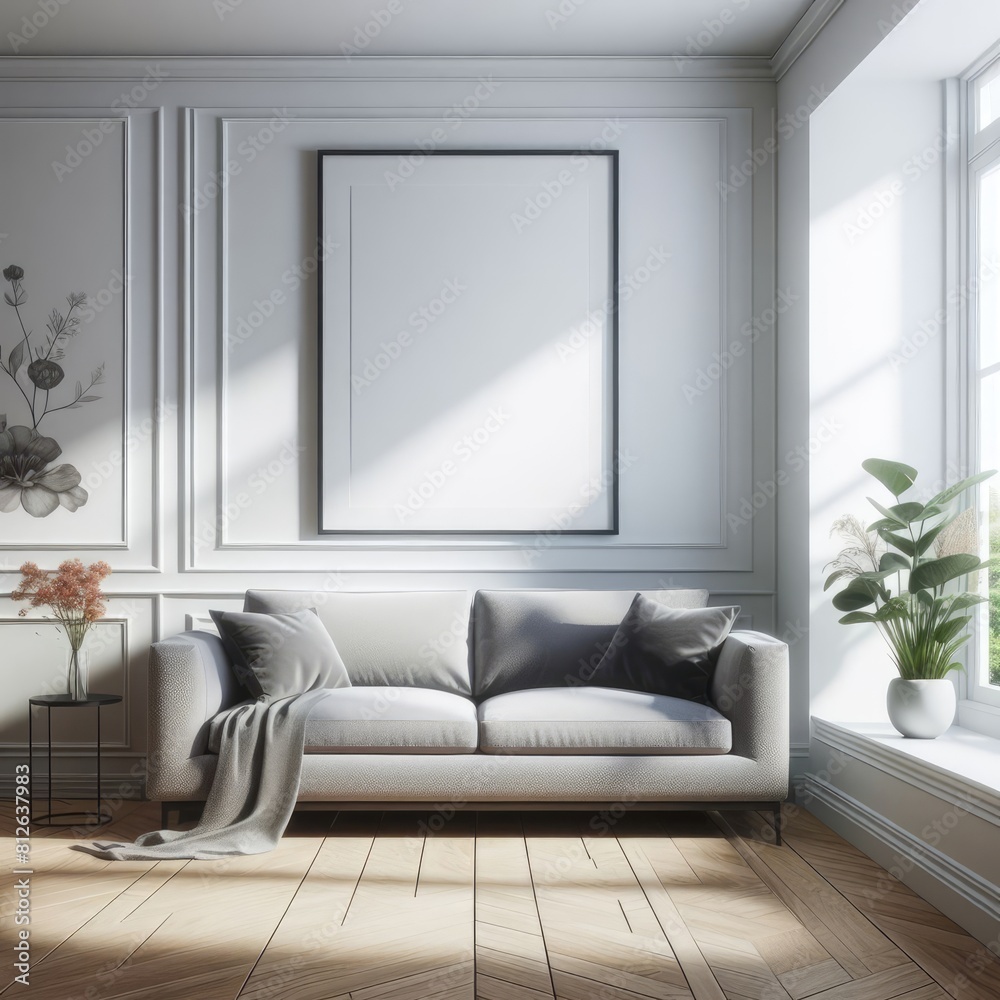 Fototapeta premium A white couch in a Room with a template mockup poster empty white and with a window and plants image realistic photo card design.