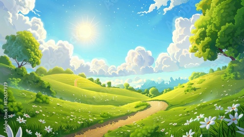 Cartoon Sky. Morning View of Cloud with Hill Landscape Background