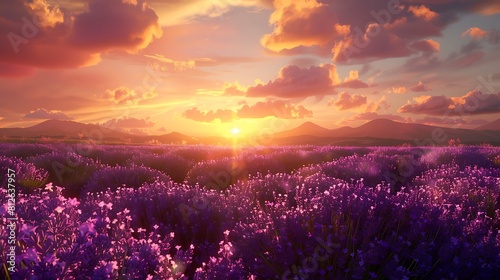 A breathtaking sunset over a field of purple lavender flowers, casting a golden glow over the landscape.